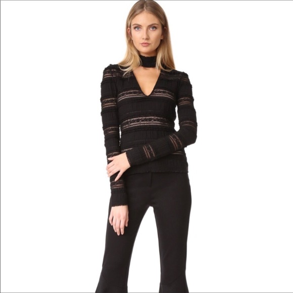 Cinq A Sept Cecily Lace Choker V-Neck Black Blouse - Picture 5 of 9